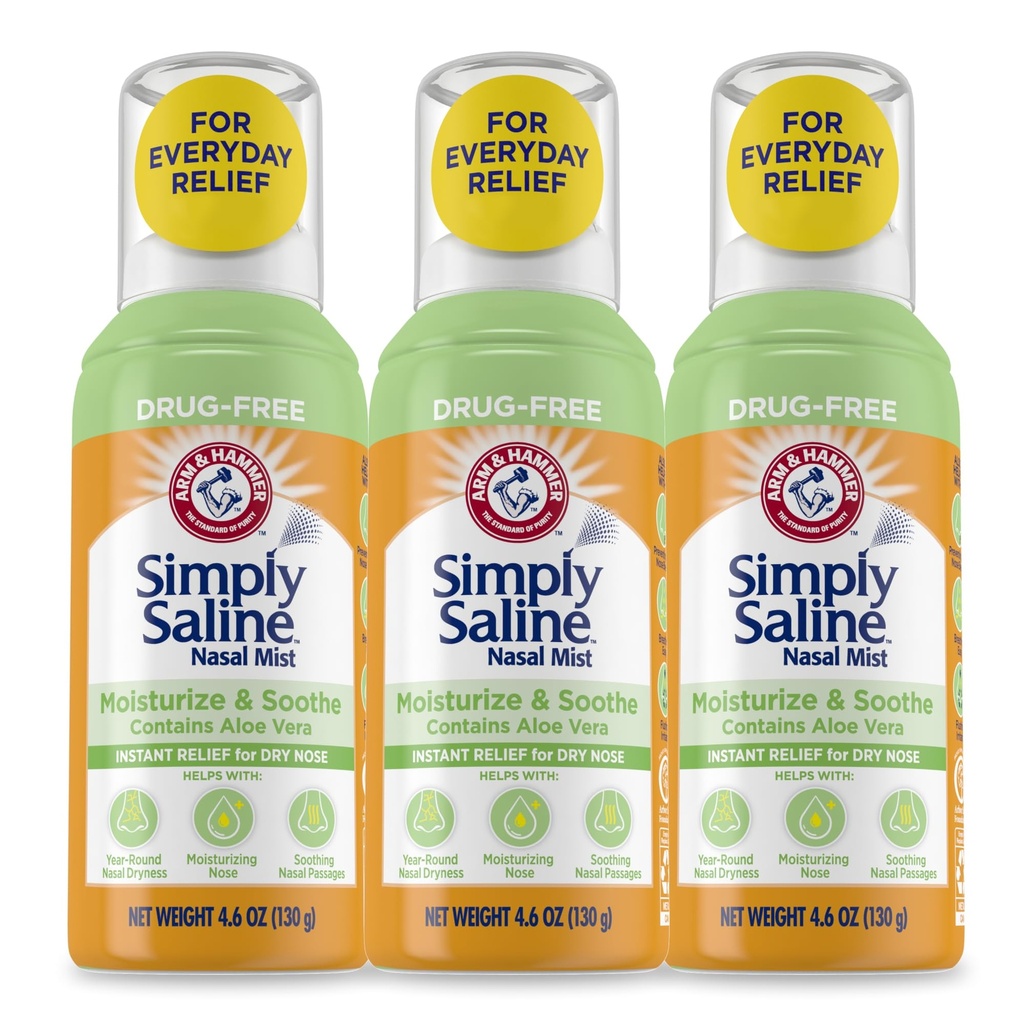 팔 & 망치 단순히 Saline Moisturize & Soothe Nasal 미스트, 건조 코, 4.6 Oz (130 g), 3 팩을 위한 즉시 기복을 위한 약 자유로운 Moisturizing Saline Nasal 살포