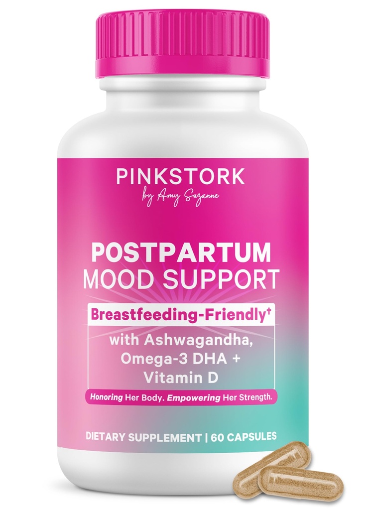 핑크 Stork Postpartum Mood 지원 - 여성을위한 Postnatal 호르몬 균형 - Breastfeeding Friendly - 스트레스 및인지 지원, 새로운 엄마 Essentials - Ashwagandha, Chamomile, & Vitamin D, 60 캡슐