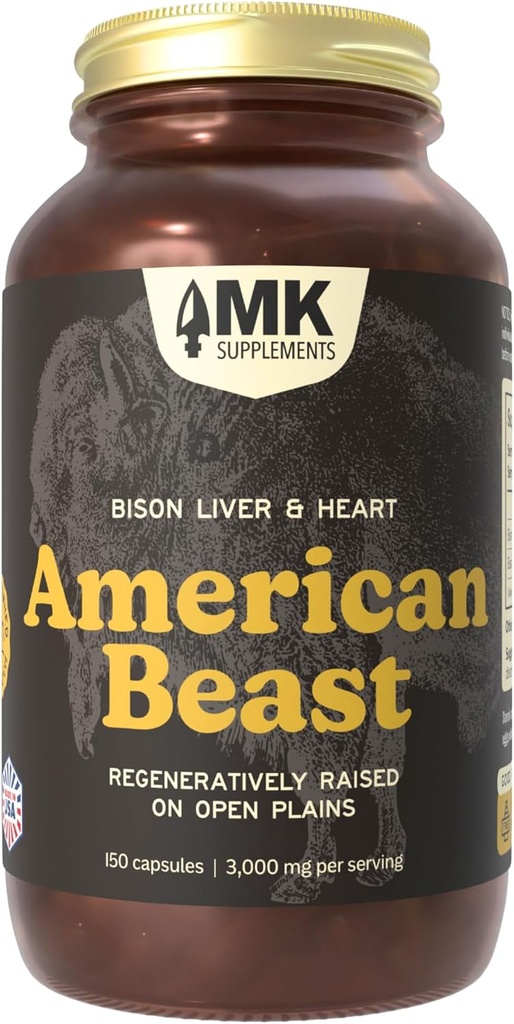 MK는 미국 효모, Athletes, 지원 힘, 내구시간 & 회복, 동결 건조, 비 GMO, Bison Liver & Bison Heart, 30 서빙 (3,000 mg 각각)를 위한 Bison Organ 보충교재를 보충합니다