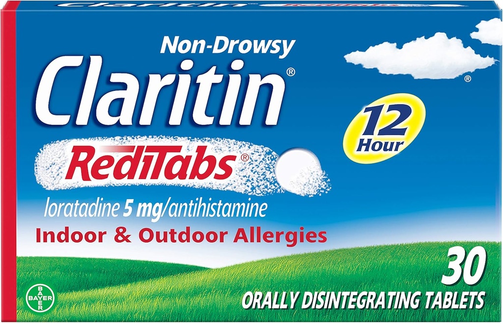 Claritin RediTabs 12 시간 알레르기 의학, 비 돌기 처방 강도 알레르기 완화, Loratadine Antihistamine 정제, 30 카운트, 2 팩