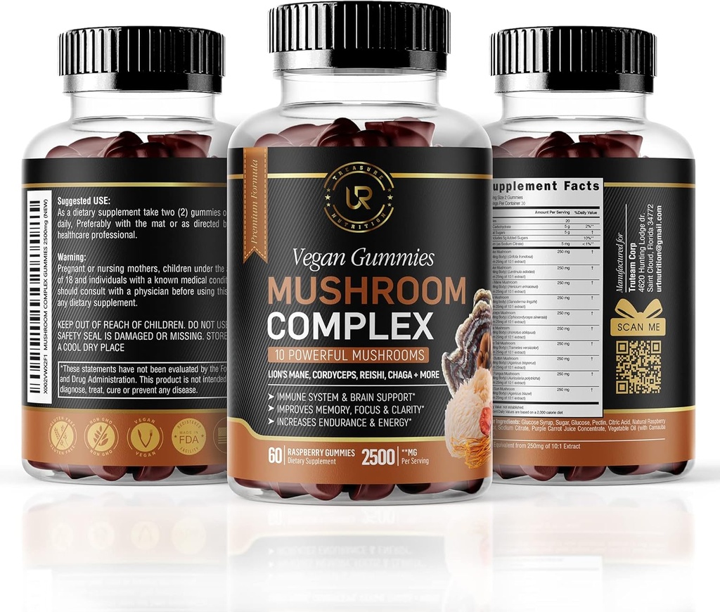 버섯 구미 | 10 버섯 보충 | 2500mg | 터키 꼬리, Chaga, Reishi, Cordyceps & Lions Mane Organic Mushroom Extracts, No Brainotropic Booster (180 Count)