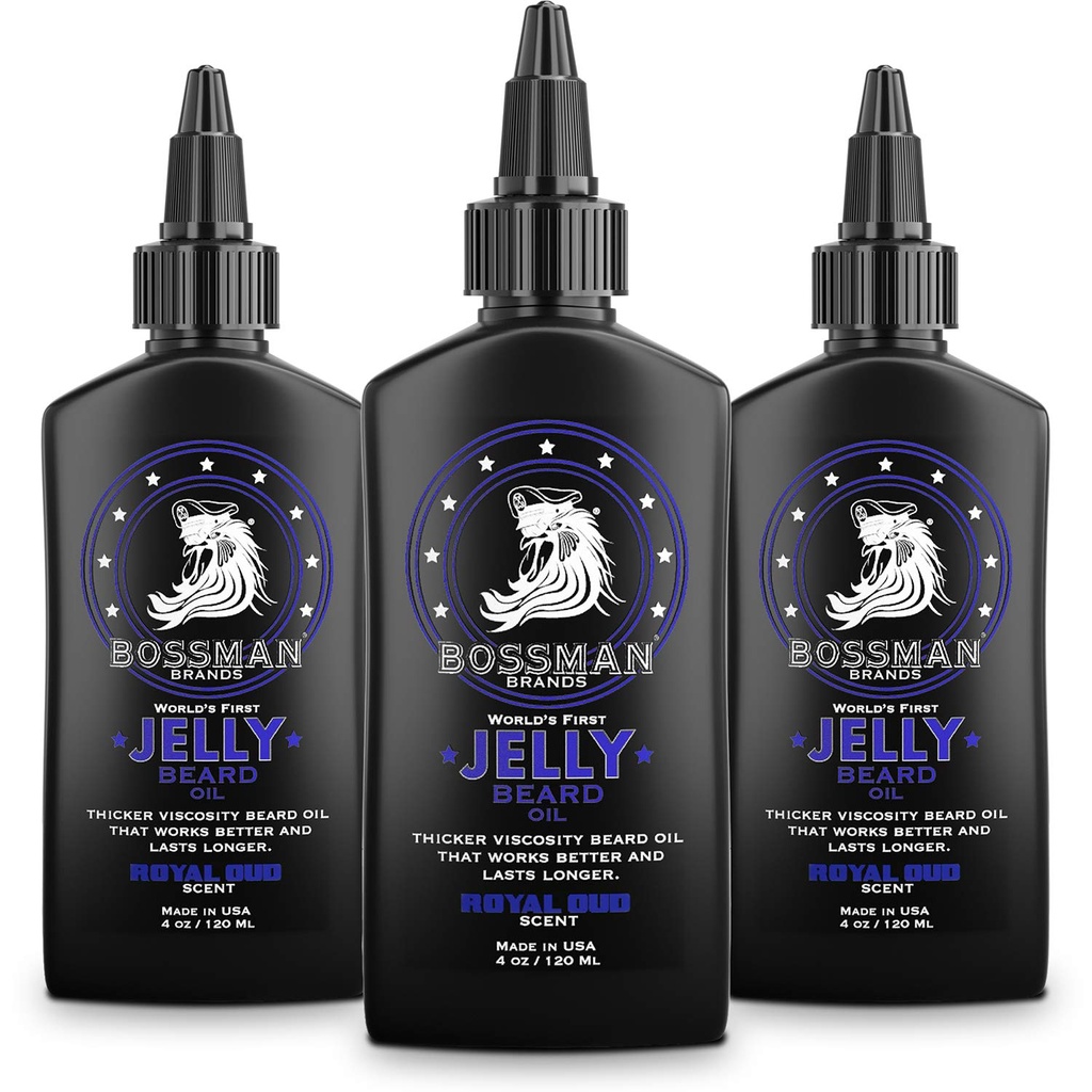 Bossman Jelly Beard Oil for Men - 3 Pack (12 oz in Total, Royal Oud Scent) - Softens, 천연 성분으로 습기를 공급 및 조건