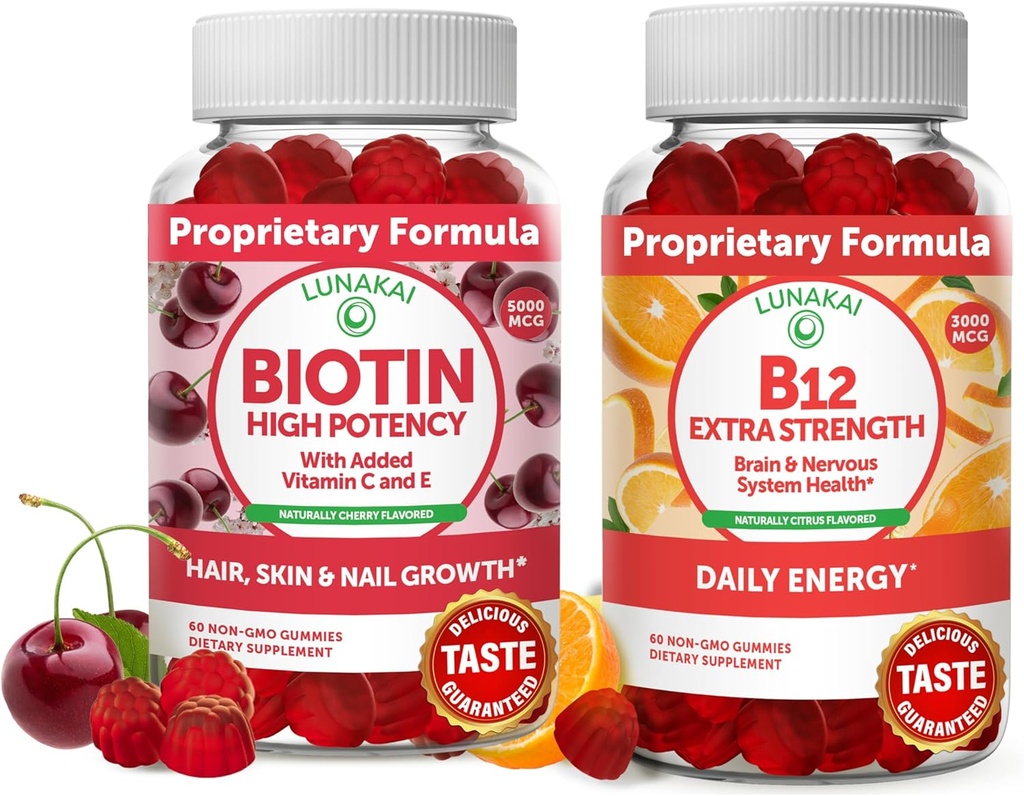Lunakai Biotin와 비타민 B12 Gummies 번들 - 비타민 C와 E를 가진 머리 피부와 못 성장 Gummies - 에너지 지원과 뼈 건강을 위한 비 GMO & Vegan 보충교재 - 30 일 공급