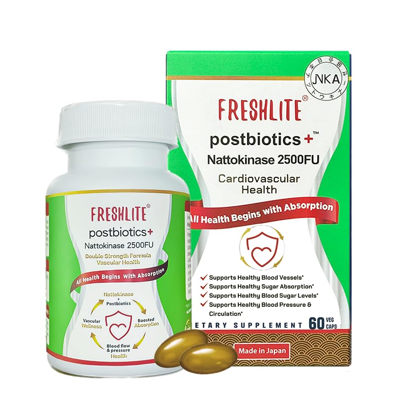 FRESHLITE 2500FU 프리미엄 NSK-SD Nattokinase & Vegan Postbiotics for Cardiovascular Support | 혈압, 콜레스테롤 & 심장 건강 | JNKA 인증 | 비 GMO, 글루텐 프리, 60 캡슐 일본