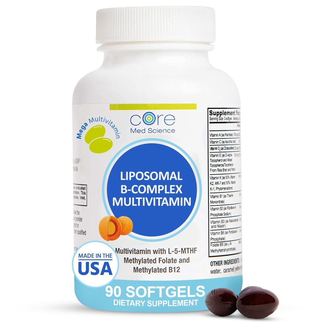 핵심 Med 과학 Liposomal 메틸을 섞은 Multivitamin B 구획, 90 Softgels - 심장 건강을 위한 비 GMO 활동적인 최고 B Complex 비타민 보충교재 - VIT 메틸 B 복잡한 면역성이 있는 지원 보충교재
