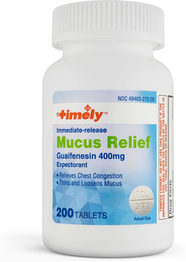 시간 모자 LABS, INC. 적시 Mucus 기복 Guaifenesin 400mg 200 정제 - 즉시 방출 Mucus Phlegm 기복 - Mucus 제거, 가슴 혼잡, 독감, 냉증, 알레르기를위한 기대