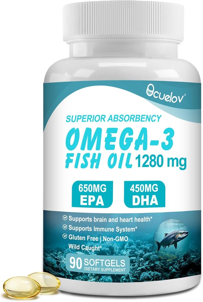 오메가 3 생선 기름 보충 교재,Triple 힘 오메가 3 영양 보충교재 650mg EPA 450mg DHA를 가진 영양 보충 - 뇌, 눈, 심장 & 면역력 지원 - 90 Softgels (45 봉사)