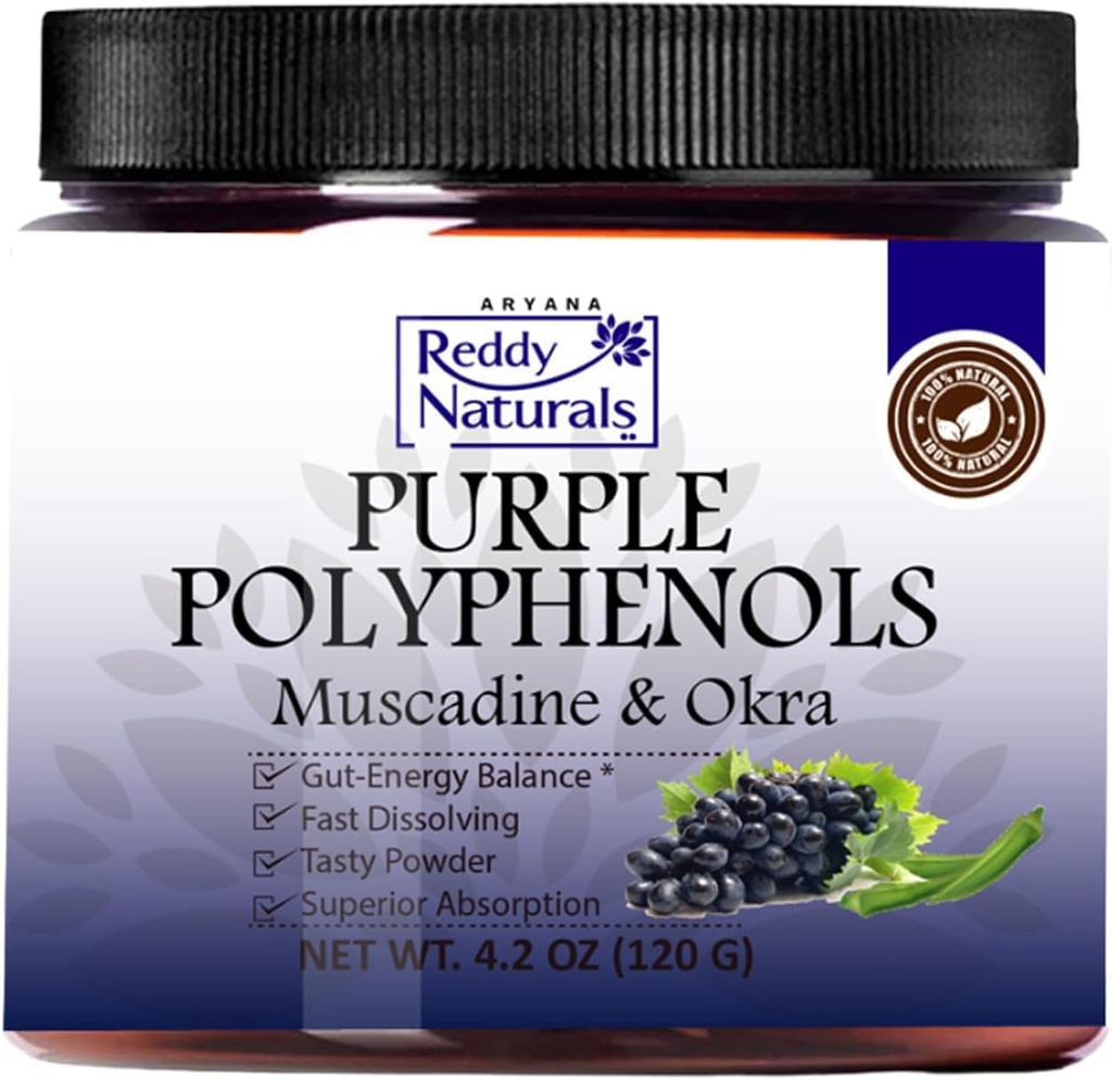 Reddy Naturals - Muscadine Grape Seed Extract를 사용한 Purple Polyphenols 보충 - Okra Extract, Energy & Digestive Health (30 서빙)에 대한 산화 방지제 혼합을 가진 천연 Gut Health Support Powder