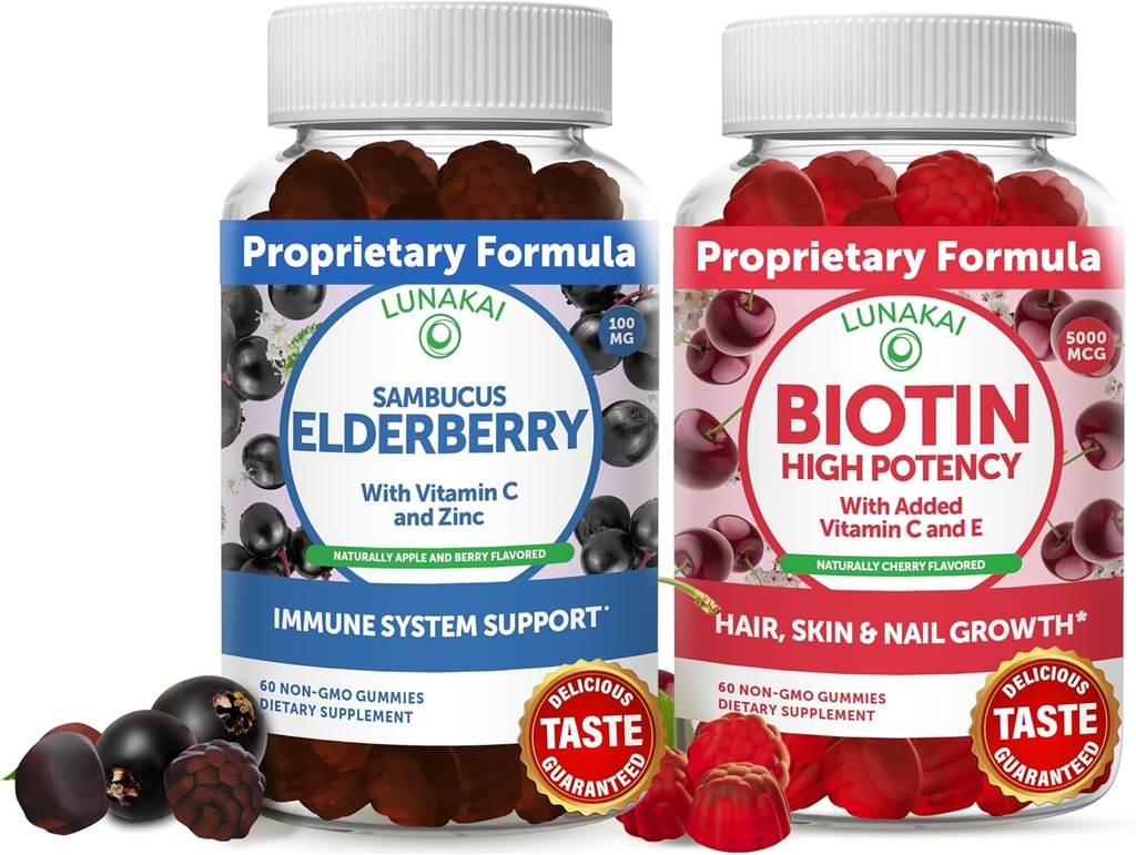 Lunakai Biotin & Elderberry Gummies 번들 - 비타민 C와 E를 가진 머리 성장, 피부 놀 및 더 강한 못을 위한 거미 - 성인과 아이를 위한 면역 지원 보충교재