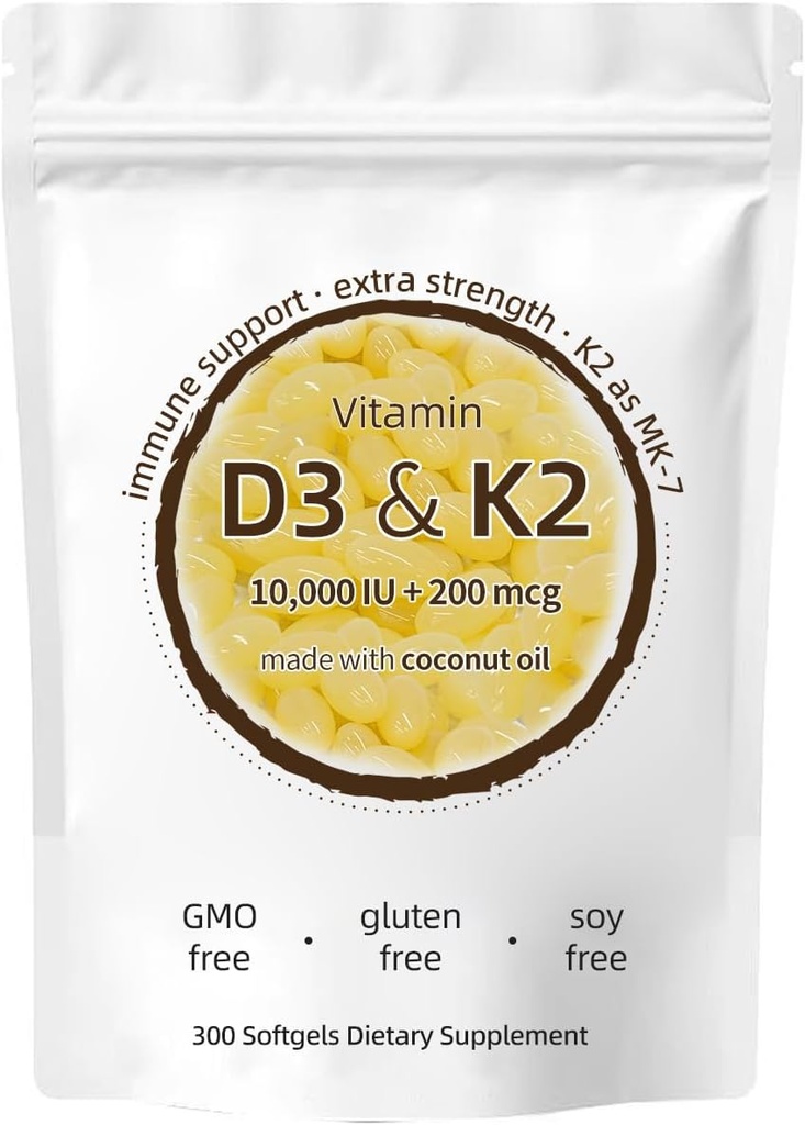 비타민 D3 K2 보충교재, 10000 IU D3 + 200 MCG K2, 300 Softgels, 비 GMO, 글루텐 자유로운