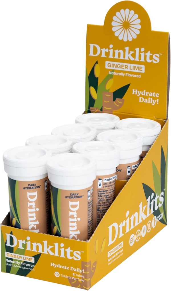 Drinklits Ginger Lime Electrolyte Sports Drink Fizzy Hydration Tablets (8) 튜브 번들 | 천연 향료 - 0g Sugar - 매일 사용 | 80 서빙 - 10 튜브 당 정제