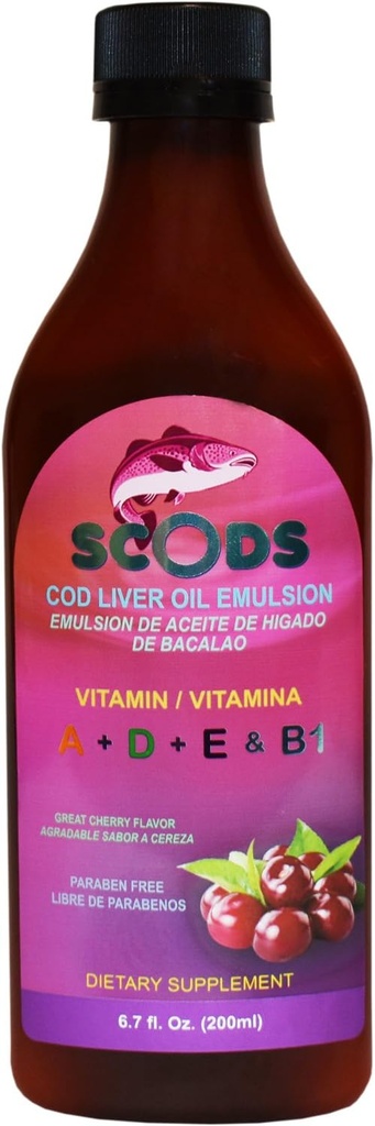 Emulsion de Scods Cereza Cod Liver 기름 유화 체리 200ml 비타민 A + D + E & B1