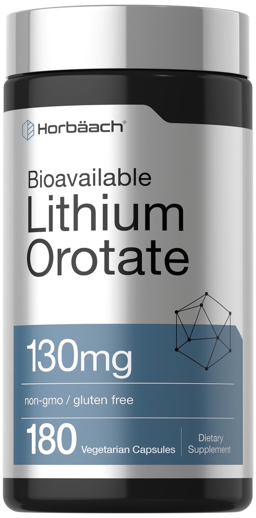 Horbäach 리튬 Orotate 130mg | 180 캡슐 | Non-GMO, 글루텐 프리 | 5mg Bioavailable Elemental 리튬