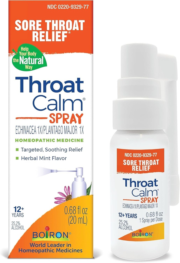 Boiron ThroatCalm Spray for Soothing Sore Throat Relief - Echinacea와 함께 식물 - 자연, Mint-Like 초본 향 - 비 엄지 & Benzocaine-Free - .68 Fl Oz