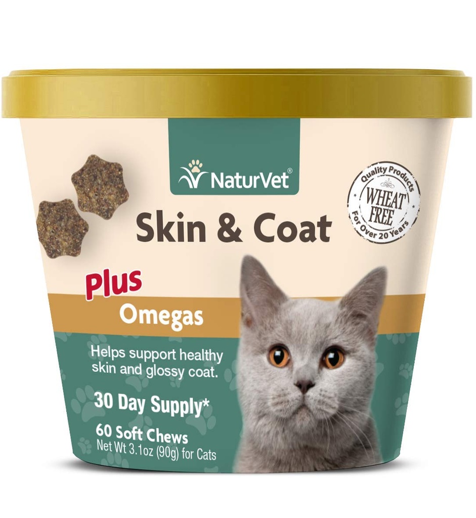 NaturVet – 고양이를위한 스킨 & 코트 플러스 오메가 – 60 소프트 체스 | 지원 건강한 피부 & 광택 코트 | 오메가-3, 오메가-6 및 바이오틴 강화 | 30 일 공급