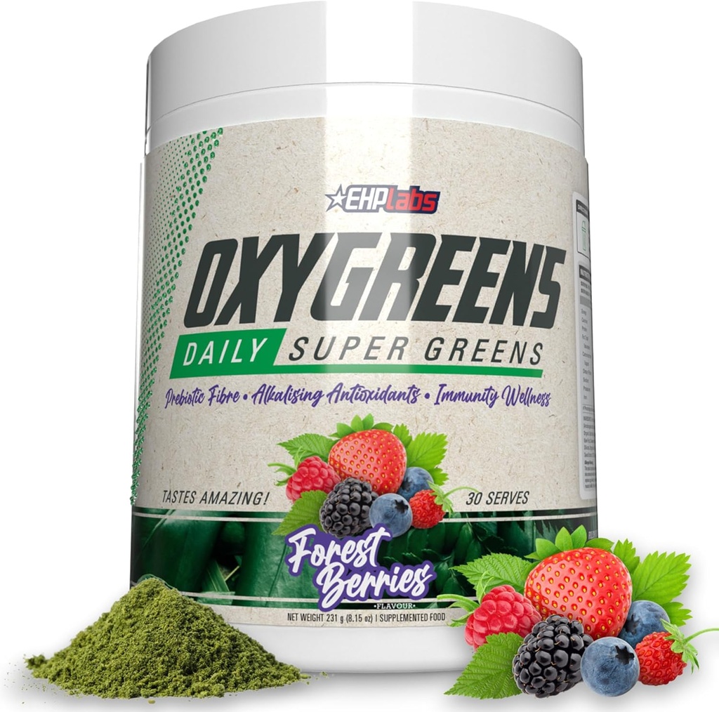 EHP Labs OxyGreens Super Greens Powder – Spirulina, Chlorella, Prebiotics, Digestive Enzymes, Antioxidants – 30 서빙 (Forest Berries)