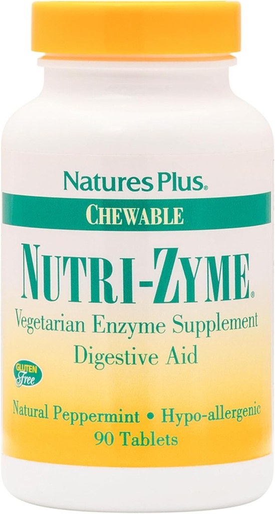 NaturesPlus Nutri Zyme - 90 Chewable Tablets, Peppermint 풍미 - Bromelain & Papain, Natural Digestive Aid와 채식 효소 보충 - 글루텐 - 무료 45 서빙