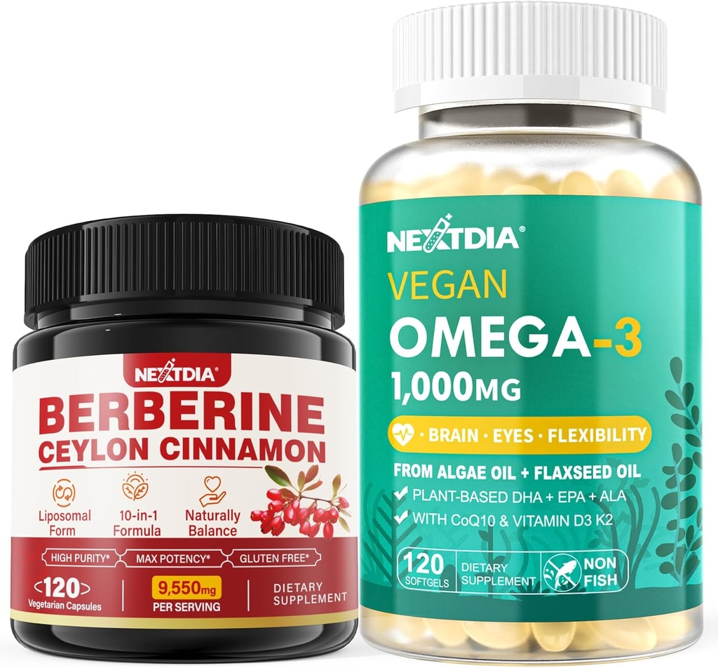 Berberine 보충교재 1500mg + Vegan Omega 3 보충교재 1000mg