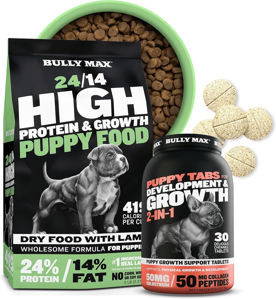 Bully Max 24/14 High Protein Puppy Food (5lbs.) 및 강아지 비타민 개발 및 성장 번들을위한 (30 척 탭) - 근육, 면역, 뼈 및 작은 품종의 소화 지원