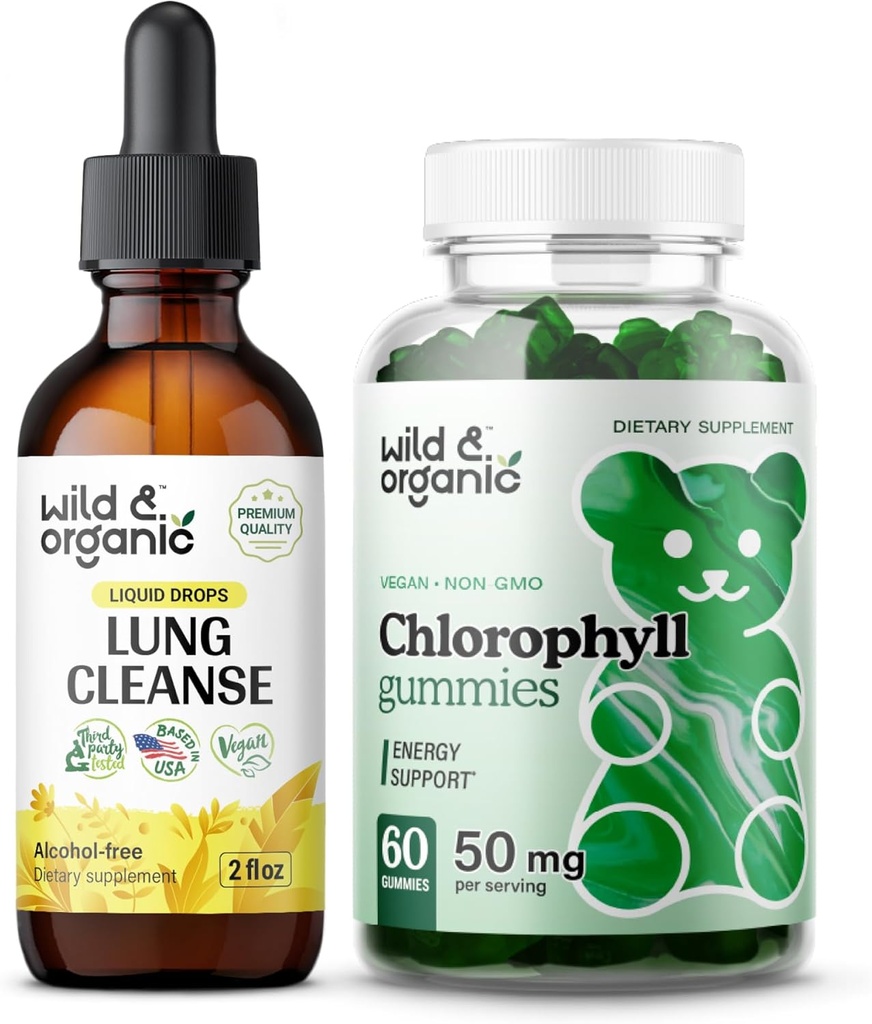 야생 & 유기 Lung Cleanse Tincture 2 fl oz & Chlorophyll Gummies 60 Chews