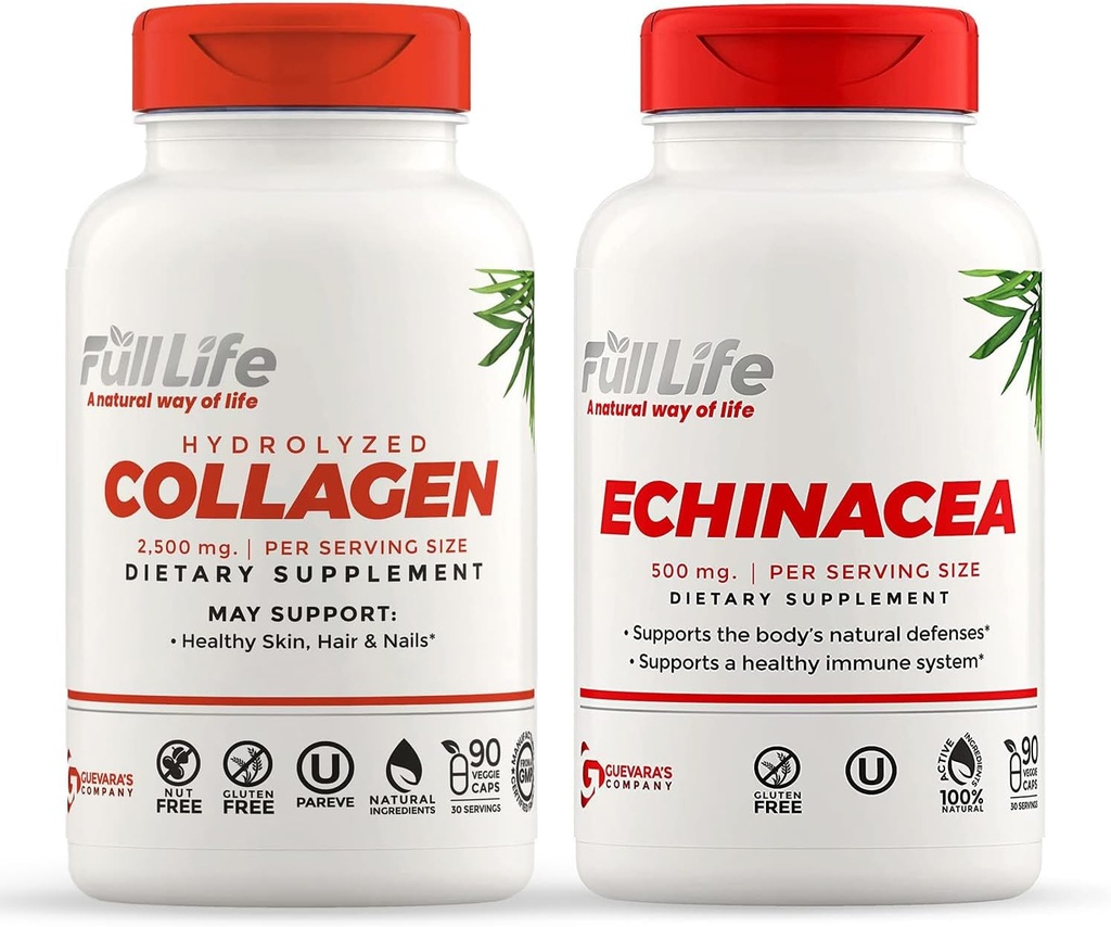 풀 라이프 Hydrolyzed Collagen 및 Echinacea 캡슐 - 규정식 보충제 - 여성과 남성을위한 Bovine Collagen 알약 - Echinacea Purpurea 추출물, 글루텐 - 무료 90 Veggie 캡슐