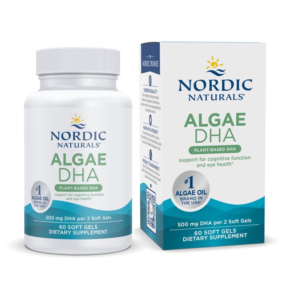북유럽 자연 조류 DHA - 60 소프트 젤 - 500 mg 오메가 3 DHA - 인증 된 비건 조류 오일 - 식물 기반 DHA - 뇌, 눈 및 신경 시스템 지원 - 비 GMO - 30 서빙