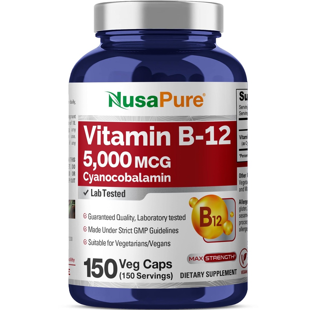 NusaPure 비타민 B12-5000 MCG 150 Veggie 캡슐 (비 GMO, Vegan) - 최대 힘 비타민 B12