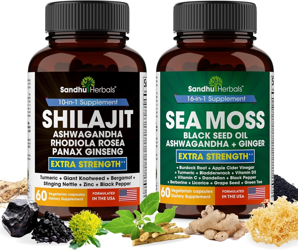 SANDHUHERBALS Sandhu 허브 번들 - 바다 Moss, Shilajit, 블랙 씨 오일, Ashwagandha, Ginger, Rhodiola Rosea, Panax Ginseng, 스팅 Nettle