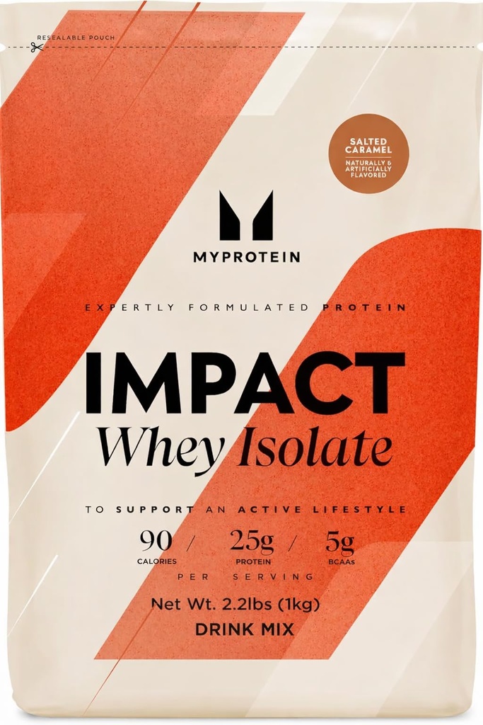 Myprotein 충격 Whey Protein Isolate, 2.2 Lbs (40 인분) 소금 카라멜, 21g Protein & 6g BCAA Per 서빙 당, 글루텐 자유로운 Shake 근육 힘 & 회복