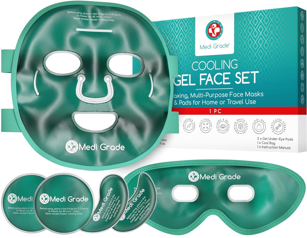 Medi Grade Cooling Ice Face Mask and Cooling Eye Mask for Puffy Eyes & Migraine Relief - ChillGel Face Ice Mask 기술이있는 셀프 케어 페이스 아이스 팩 - 페이스 마스크, 아이 패드 및 가방