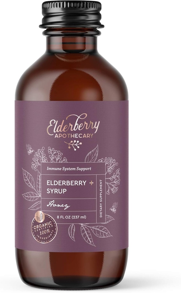 Elderberry Syrup - 맛있고 순수한 검정 Sambucus 액체 추출물 - 신선한 & 유기 Aronia Berries, Ginger 뿌리, Cinnamon, Echinacea - 면역성이 지원 - 8oz