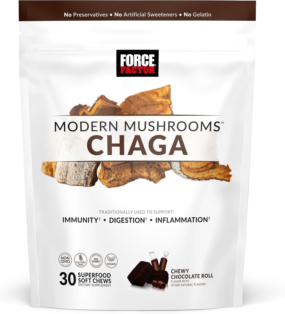 FORCE FACTOR 현대 버섯 연약한 Chews, Chaga 버섯은 Immunity, Digestion, & Gut 건강, 산화 방지제 보충교재, Delicious Chewy 초콜렛 목록 풍미, 30 연약한 Chews를 지원하는 보충합니다