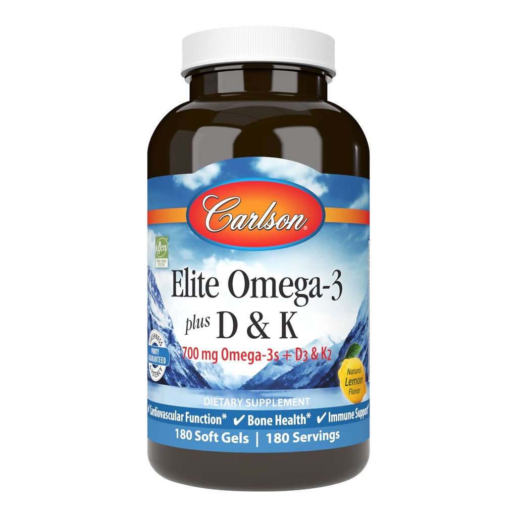Carlson - 엘리트 Omega-3 플러스 D & K, 700 mg Omega-3s + D3 & K2의 기능, 뼈 건강 & 면역 지원, 레몬, 180 Softgels