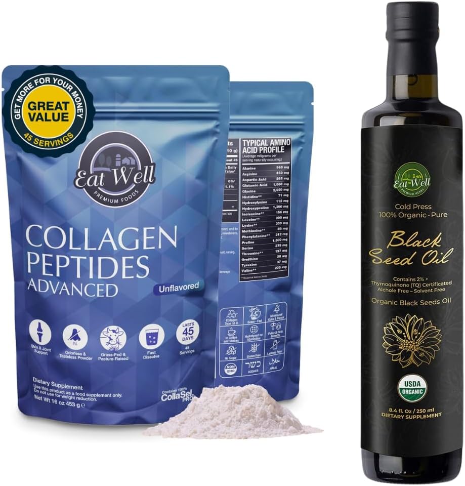 EAT WELL PREMIUM FOODS 교원질 펩티드 분말 단백질 45 서빙, 16oz & USDA 유기 검정씨 기름 8.4 FL oz 병