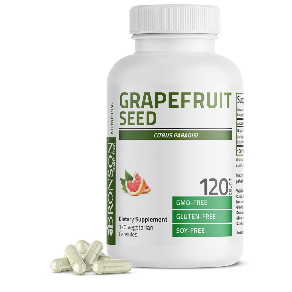 Bronson Grapefruit Seed Extract 500 MG per 서빙 Citrus Paradisi 지원 면역 건강 및 도움은 건강한 위장을 유지 - 비 GMO, 120 채식 캡슐