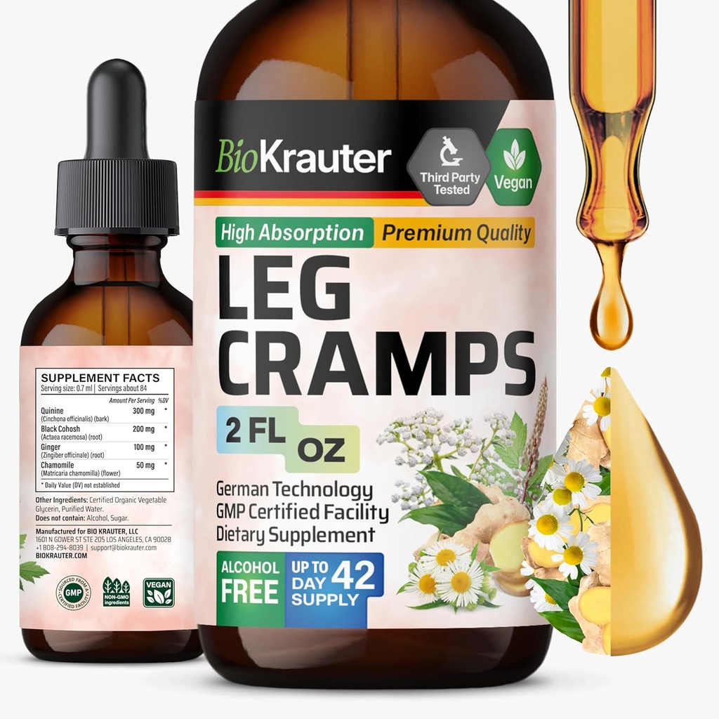 BIO KRAUTER Leg Cramps Tincture with Quinine - Ginger & Chamomile Liquid Extracts for Leg Cramps - 자연 알코올 및 설탕 무료 공식 - Vegan Drops 2 Fl.Oz.