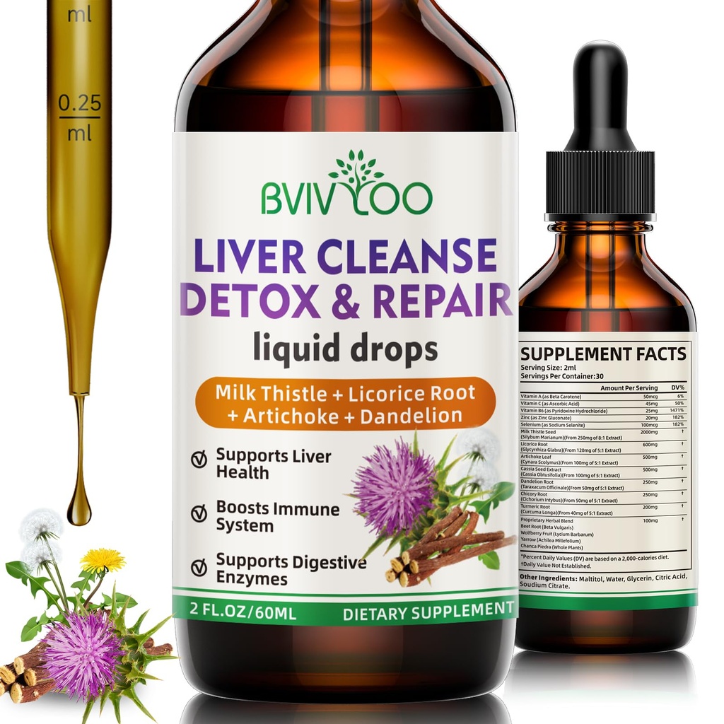 Liver Cleanse Detox & Repair Liquid Drops - 2000mg 우유 이틀, 다 델리 뿌리, Artichoke, Silymarin 추출물, 및 심황 허브 - Vegan, Non-GMO - 2 Fl Oz (60ml) 병