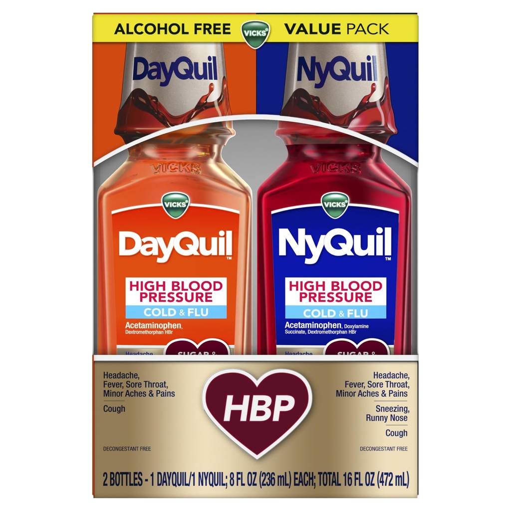 VICKS DayQuil & NyQuil 높은 혈압 찬 & 불 기복 액체 약 Co 팩, 찬, 기침 및 불 증상, 설탕 & 알콜, 2x8oz를 위한 강력한 다기능 & 야간 기복