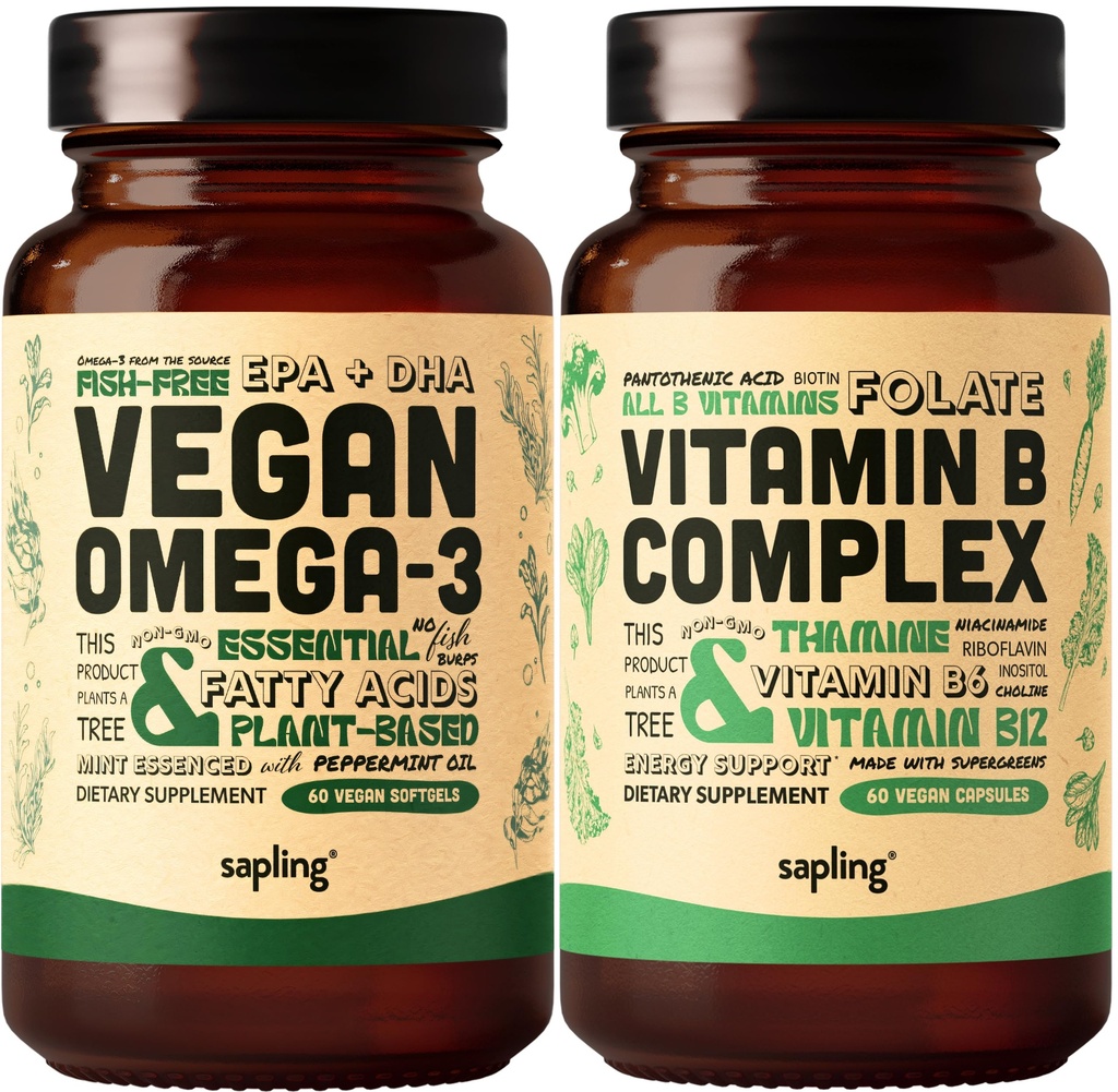 Vegan Omega 3 & Vegan Vitamin B Complex 번들 - 식물 기반 DHA 및 EPA 지방산, 전체 식품 혼합, B1, B2, B3, B5, B6, B7, Folate를 가진 필수 B 비타민