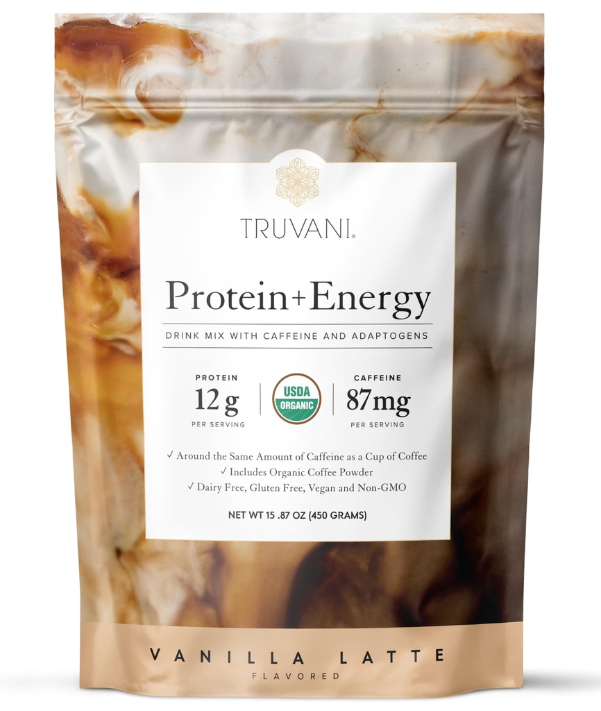 Truvani Protein + 에너지 음료 혼합 87mg 카페인 | 바닐라 라테 | 12g 유기농 공장 기반 단백질 | 20 인분 | USDA 유기농 커피 분말 및 Adaptogen | 글루텐 & 다이리 프리 | Vegan | Non-GMO