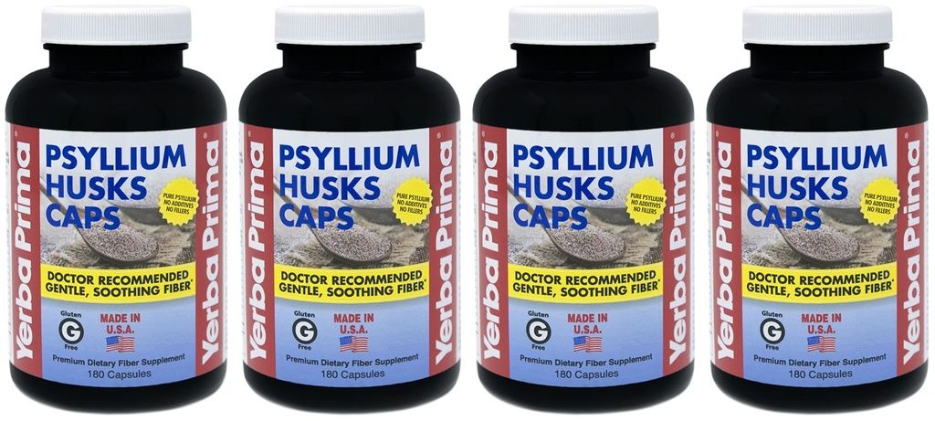 Yerba Prima Psyllium Husks Caps - 180 캡 (팩 4) - 천연 섬유 보충 - 비 GMO 글루텐 무료