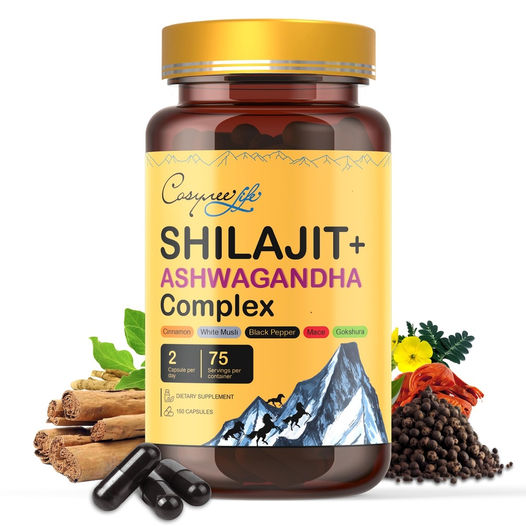 Himalayan Shilajit- Complex 와 Ashwagandha, Mace, Gokshura, Cinnamon & Piperine | 에너지, 활력 및 85 + 남성용 Trace Minerals, Shilajit, 여성용 Shilajit, 일반 복용량 - 150 캡슐