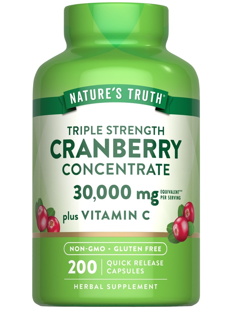 Nature's Truth Cranberry Concentrate Pills | Plus Vitamin C | 30,000mg | 200 Quick Release Capsules | Non-GMO 및 글루텐 무료 보충