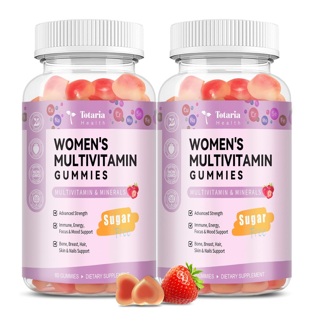 Totaria Sugar Women 14+ w/Inositol, Iron, Folate, Biotin, Women Daily Multivitamin Gummy w/Vitamin A, D, C, B, Support Hair, Skin, Energy, Immune, Strawberry 풍미를 위한 무료 Multivitamin Gummies