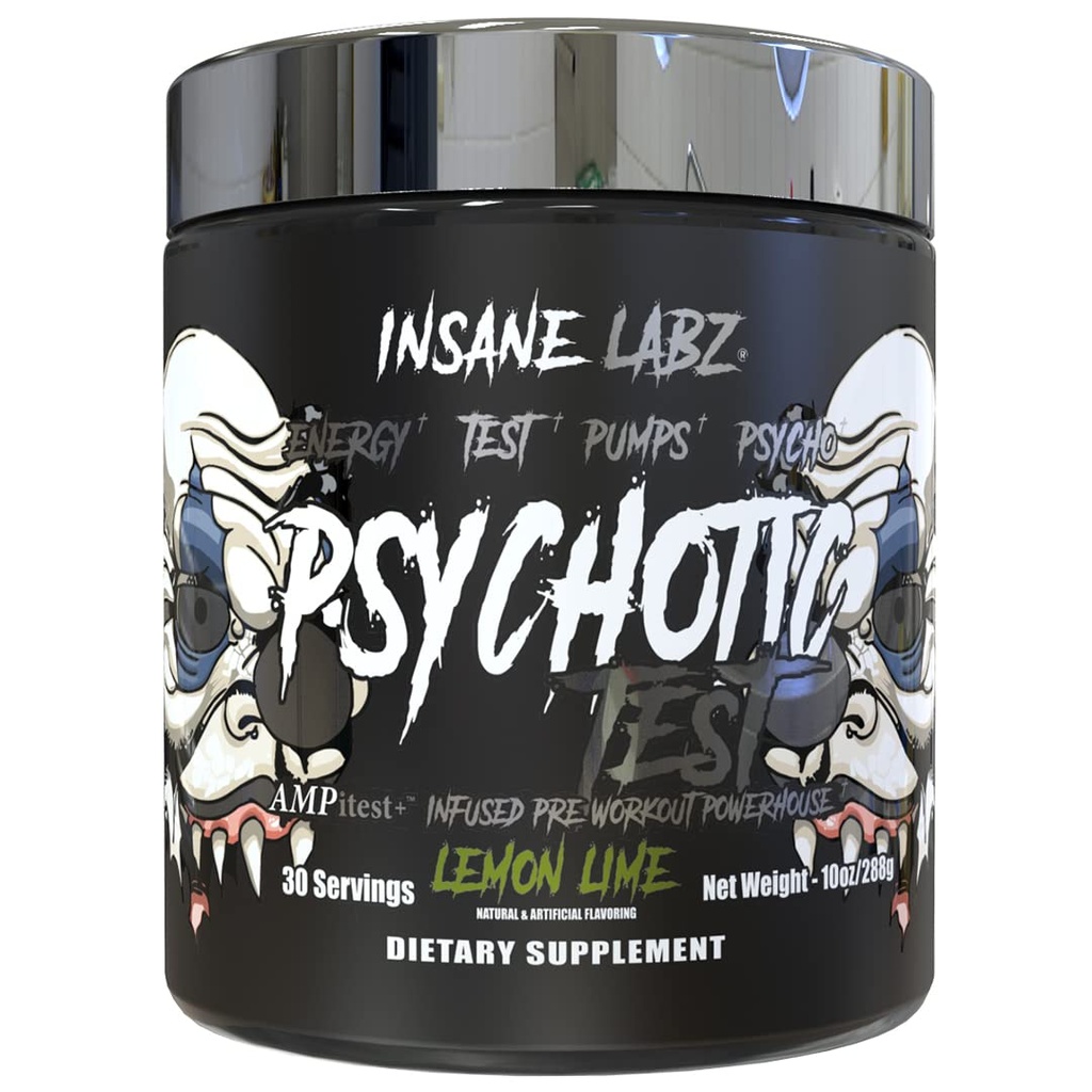 Insane Labz Psychotic 테스트, 높은 자극 테스토스테론 에너지 및 펌프 DMAE Bitartrate, D Aspartic 산, Creatine HCL 및 Glycerol Monostearate, 30 서빙, 레몬 Lime와 사전 운동 분말을 밀어