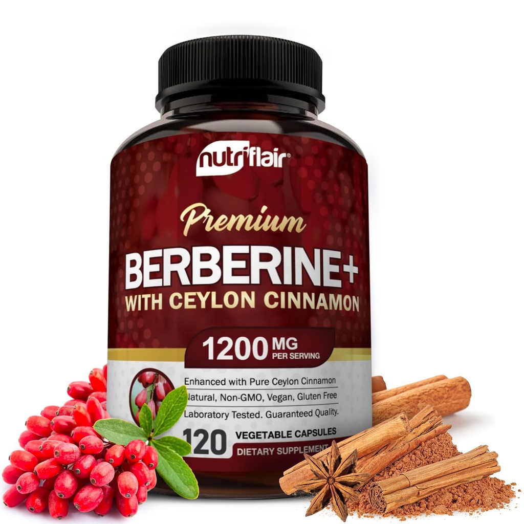 NutriFlair 프리미엄 Berberine HCL 1200mg, 120 캡슐 - 플러스 순수 True Ceylon Cinnamon, Berberine HCI 뿌리 보충제 알약 - 면역 체계 - Optimal 8 % HCl을 수확