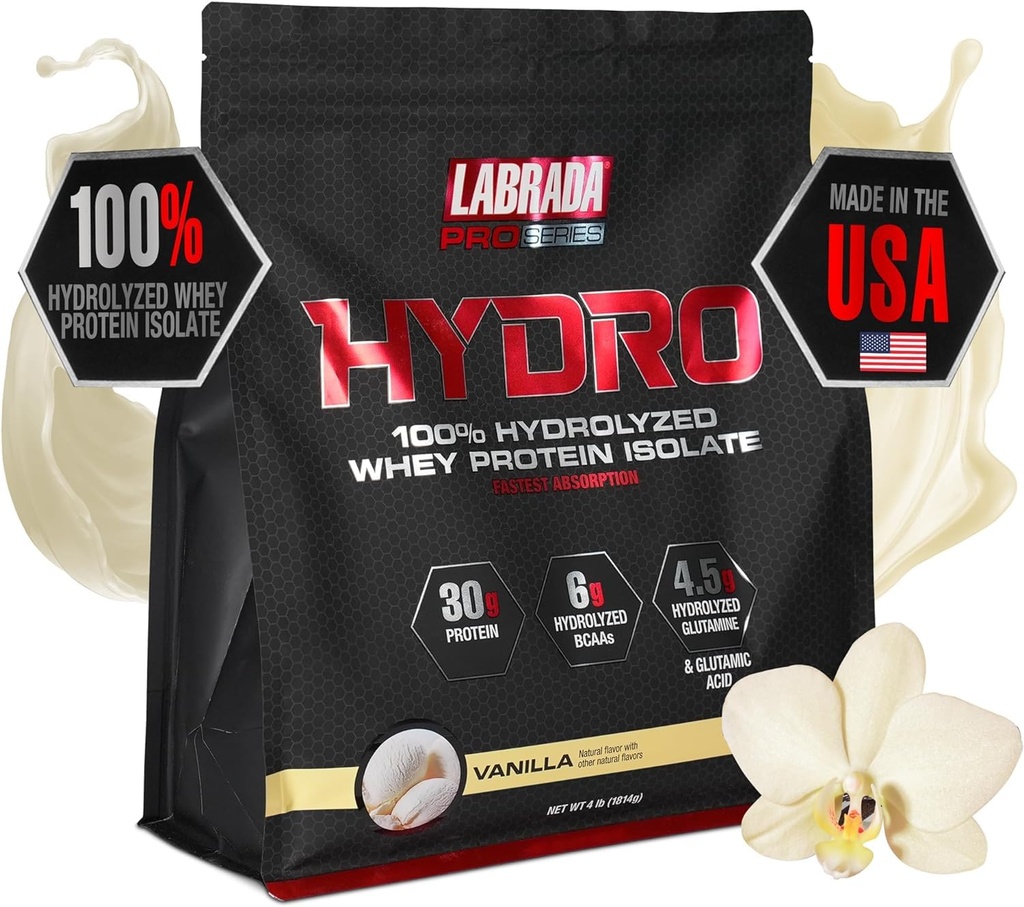 LaBRADA Hydro 100 % 순수한 가수 분해 된 Whey Protein Isolate Powder, Lactose Free, Glutamine, 빠른 소화 가능, 즉시 혼합, 맛있는 맛 48 서빙 4lb (Vanilla)