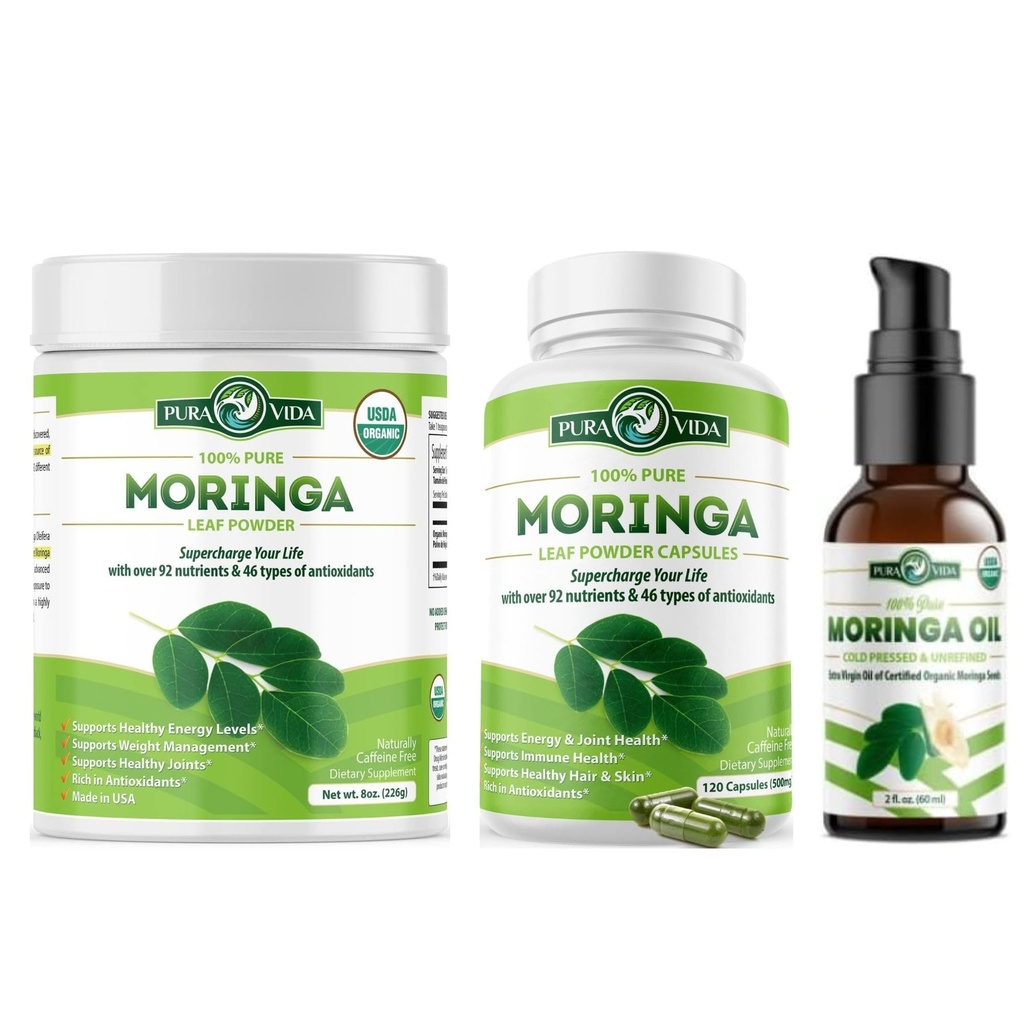 PURA VIDA MORINGA 분말 8개 oz 캡슐 (120 조사)와 유기 Moringa 기름 (2fl oz)