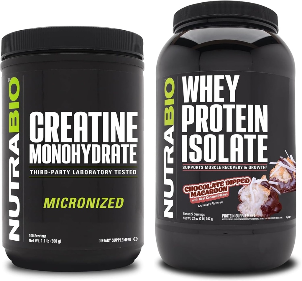 NutraBio Creatine Monohydrate, Unflavored, 500g 및 Whey Protein Isolate, 초콜릿 Dipped Macaroon, 보충 번들 - 근육 에너지, Lean 근육 성장, 회복 및 힘