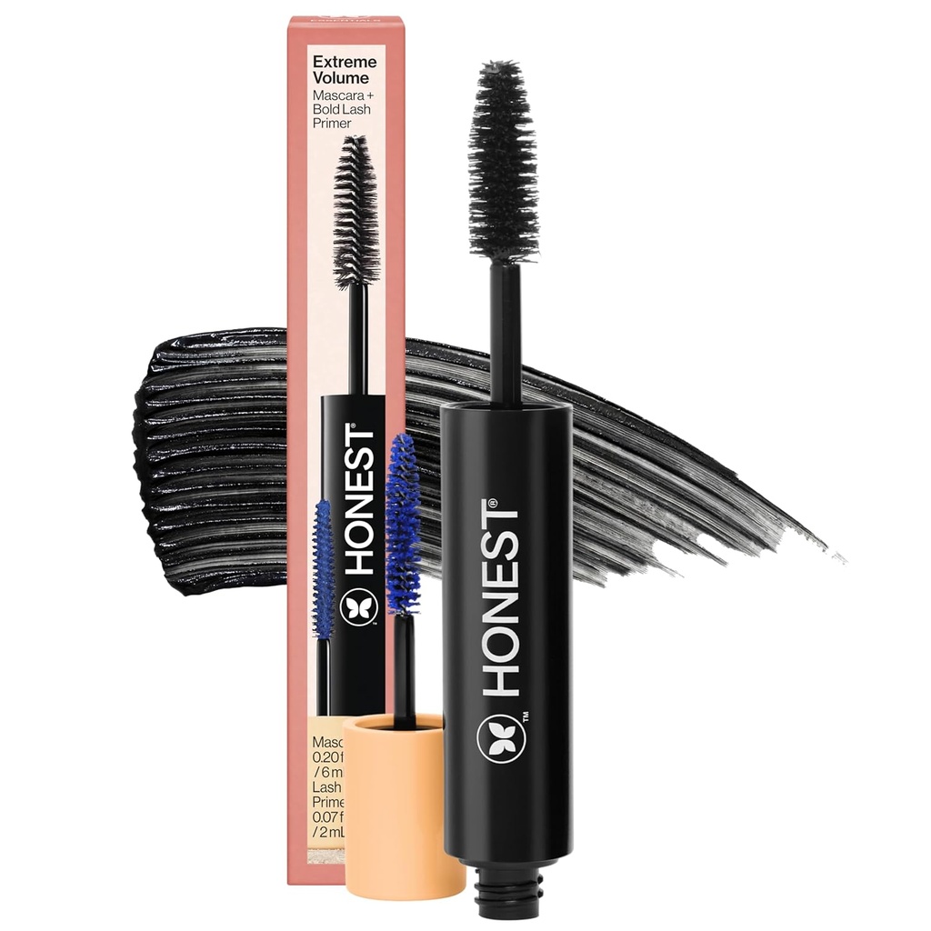 솔직한 아름다움 2-in-1 Extreme Volume Clean Mascara + Bold Lash Primer with Castor Oil | 최대 볼륨 + Curl | Vegan+ Safe for Sensitive Eye | 블랙, .27 fl oz